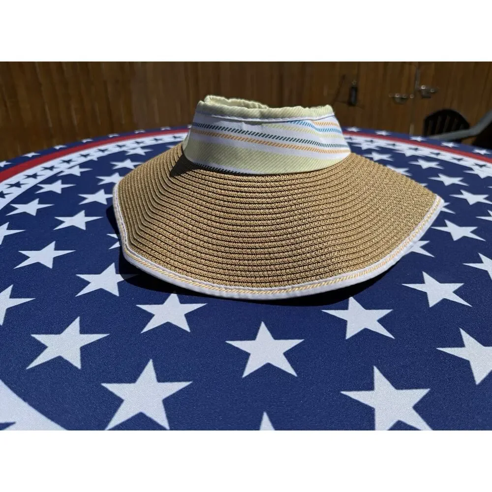 TAHARI Wide Brim Roll Up Sun Hat‎ Packable Paper Blend OS Multi White Trim, EUC